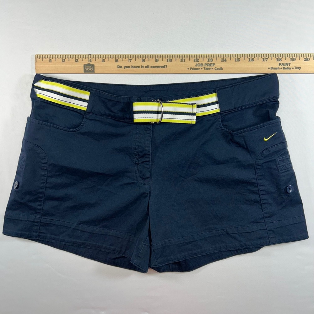 Nike Womens Golf Shorts Navy Blue Striped Belt Size Large L 12-14 Stretch Cotton - Picture 2 of 7